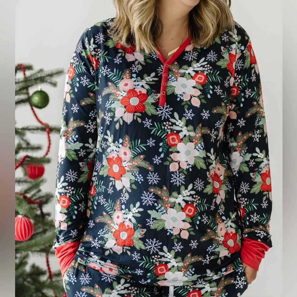 NEW Little Sleepies Poinsettia Floral Bamboo Pajama Top Small Long Sleeve - Picture 2 of 10